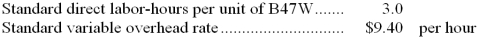 Calcagno Corporation's variable overhead is applied on the basis of direct labor-hours. The company has established the following variable overhead standards for product B47W:   The following data pertain to the most recent month's operations during which 520 units of product B47W were made:   Required: a. What was the variable overhead rate variance for the month? b. What was the variable overhead efficiency variance for the month? 