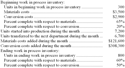 Krepps Corporation uses the weighted-average method in its process costing system. Data concerning the first processing department for the most recent month are listed below:   Note: Your answers may differ from those offered below due to rounding error. In all cases, select the answer that is the closest to the answer you computed. To reduce rounding error, carry out all computations to at least three decimal places. -The total cost transferred from the first processing department to the next processing department during the month is closest to: A)  $410,402 B)  $459,405 C)  $436,300 D)  $429,900 
