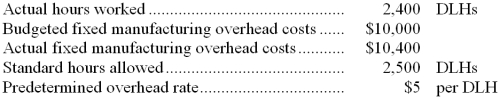 Mauve Company uses a standard cost system in which it applies manufacturing overhead to units of product on the basis of standard direct labor-hours (DLHs) . The following data pertain to last month:   The fixed manufacturing overhead budget variance is: A)  $400 U B)  $500 F C)  $300 F D)  $300 U 