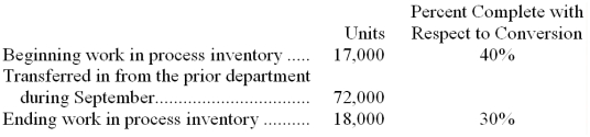 Malaviya Corporation uses the FIFO method in its process costing system. Operating data for the Casting Department for the month of September appear below:   According to the company's records, the conversion cost in beginning work in process inventory was $63,104 at the beginning of September. Additional conversion costs of $654,240 were incurred in the department during the month. What would be the cost per equivalent unit for conversion costs for September? (Round off to three decimal places.)  A)  $8.060 B)  $9.280 C)  $9.087 D)  $9.400 