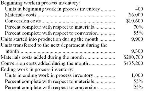 Pratt Corporation uses the FIFO method in its process costing system. Data concerning the first processing department for the most recent month are listed below:   Note: Your answers may differ from those offered below due to rounding error. In all cases, select the answer that is the closest to the answer you computed. To reduce rounding error, carry out all computations to at least three decimal places. -The total cost transferred from the first processing department to the next processing department during the month is closest to: A)  $629,304 B)  $652,500 C)  $635,900 D)  $696,455 