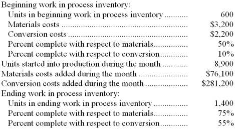 Qtech Corporation uses the FIFO method in its process costing system. Data concerning the first processing department for the most recent month are listed below:   Note: Your answers may differ from those offered below due to rounding error. In all cases, select the answer that is the closest to the answer you computed. To reduce rounding error, carry out all computations to at least three decimal places. -The cost per equivalent unit for conversion costs for the first department for the month is closest to: A)  $34.72 B)  $33.52 C)  $36.67 D)  $31.92 