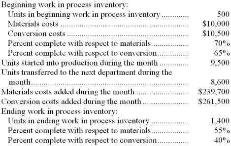 Osman Corporation uses the FIFO method in its process costing system. Data concerning the first processing department for the most recent month are listed below:   Note: Your answers may differ from those offered below due to rounding error. In all cases, select the answer that is the closest to the answer you computed. To reduce rounding error, carry out all computations to at least three decimal places. -The cost per equivalent unit for materials for the month in the first processing department is closest to: A)  $28.57 B)  $26.57 C)  $27.87 D)  $23.97 