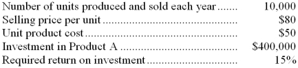 The following information is available on Product A:   The company uses the absorption costing approach to cost-plus pricing described in the text. Based on these data, the total selling and administrative expenses each year would be: A)  $240,000 B)  $300,000 C)  $140,000 D)  $200,000 
