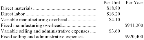 Diehl Company makes a product with the following costs:   The company uses the absorption costing approach to cost-plus pricing described in the text. The pricing calculations are based on budgeted production and sales of 52,000 units per year. The company has invested $420,000 in this product and expects a return on investment of 8%. Direct labor is a variable cost in this company. -The markup on absorption cost is closest to: A)  37.2% B)  8.0% C)  102.4% D)  38.4% 