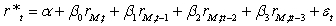 Suppose you regress a time-series of appraisal-based index periodic returns onto both contemporaneous and lagged securities market returns that do not suffer from lagging or measurement errors. That is, you perform the following regression, where rM,t is the accurate market return in period t and r*t is the appraisal-based real estate return in period t:   The resulting contemporaneous and lagged beta values are:   What is your best estimate of the true long-run beta between real estate and the securities market index? .  <div style=padding-top: 35px> 