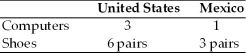 Table 3.1 Use the data in the table below to answer the following question(s) : Output per Hour Worked    -Based on Table 3.1,the pre-trade relative price of a computer in Mexico is A) three pairs of shoes. B) one pair of shoes. C) one-half pair of shoes. D) one-third pair of shoes. E) None of the above.