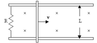 A conducting rod is sliding on metal rails with velocity v.A magnetic field B is into the paper,the separation of the rails is L,and the resistance of the circuit is R.In what direction in the diagram is the current flowing in the resistor?   A)  up B)  down C)  up then down D)  down then up E)  Insufficient information given,