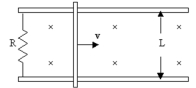  A conducting rod slides at 3.0 m/s on metal rails separated by 2.0 m.The 0.66 m T magnetic field is into the paper.If the resistance is 220 m \Omega , what is the current in the circuit?   A)  18 mA B)  9.0 mA C)  87  \mu A D)  3.0  \mu A E)  4.5 mA 