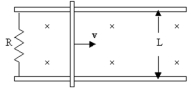  A conducting rod slides at 4.0 m/s on metal rails separated by 2.0 m.If a current of 40 mA is generated in the circuit with resistance of 0.36  \Omega ,what is the magnetic field between the rails?   A)  0.028 T B)  0.11 T C)  14 mT D)  3.6 mT E)  1.8 mT 