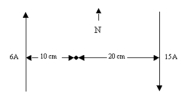  Two parallel wires run in a north-south direction.The eastern wire carries 15.0 A southward while the western wire carries 6.0 A northward.If the wires are separated by 30 cm,what is the magnetic field direction at a point between the wires at a distance of 10 cm from the western wire?   A)  3.0  \mu T B)  6.0  \mu T C)  15  \mu T D)  27  \mu T E)  90  \mu T 