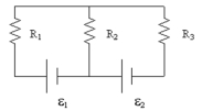  If R<sub>1</sub> = 6  \Omega , R<sub>2</sub> = 8  \Omega , R<sub>3</sub> = 2  \Omega ,  \varepsilon <sub>1</sub> = 4 V, and  \varepsilon <sub>2</sub> = 14 V, what is the current in R<sub>2</sub>?   A)  1 A B)  2 A C)  3 A D)  4 A E)  5 A 