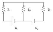  If R<sub>1</sub> = 6.0  \Omega , R<sub>2</sub> = 8.0  \Omega , R<sub>3</sub> = 2.0  \Omega ,  \varepsilon <sub>1</sub> = 4.0 V, and  \varepsilon <sub>2</sub> = 14 V,what is the power supplied to the circuit by  \varepsilon <sub>1</sub>?   A)  4.0 W B)  8.0 W C)  12 W D)  16 W E)  20 W 