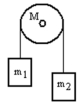 A mass m<sub>1</sub> is connected by a light string that passes over a pulley of mass M to a mass m<sub>2</sub> as shown in the figure.Both masses move vertically and there is no slippage between the string and the pulley.The pulley has a radius of 20.0 cm and a moment of inertia of 1/2 MR<sup>2</sup>.If m<sub>1</sub> is 3.00 kg,m<sub>2</sub> is 6.00 kg and M is 4.00 kg,then what is the acceleration of the masses?   A)  5.05 m/s<sup>2</sup> B)  4.75 m/s<sup>2</sup> C)  4.05 m/s<sup>2</sup> D)  3.44 m/s<sup>2</sup> E)  2.67 m/s<sup>2</sup>