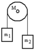 <strong>A mass m<sub>1</sub> is connected by a light string that passes over a pulley of mass M to a mass m<sub>2</sub> as shown in the figure.Both masses move vertically and there is no slippage between the string and the pulley.The pulley has a radius of 20.0 cm and a moment of inertia of 1/2 MR<sup>2</sup>.If m<sub>1</sub> is 3.00 kg,m<sub>2</sub> is 6.00 kg and M is 4.00 kg,then what is the tension in the string that is attached to mass m<sub>2</sub>? </strong> A) 33.6 N B) 42.8 N C) 53.6 N D) 63.4 N E) 75.5 N