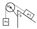 A mass m<sub>1</sub> is connected by a light string that passes over a pulley of mass M to a mass m<sub>2</sub> sliding on a frictionless incline as shown in the figure.There is no slippage between the string and the pulley.The pulley has a radius of 25.0 cm and a moment of inertia of 1/2 MR<sup>2</sup>.If m<sub>1</sub> is 2.00 kg,m<sub>2</sub> is 1.00 kg,M is 4.00 kg,and the angle is 60.0 degrees,then what is the acceleration of m<sub>1</sub>?   A)  3.98 m/s<sup>2</sup> down B)  3.27 m/s<sup>2</sup> down C)  3.15 m/s<sup>2</sup> down D)  2.94 m/s<sup>2</sup> down E)  1.64 m/s<sup>2</sup> down