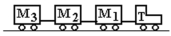<strong>In the figure,an airport luggage-carrying train with a tractor T is pulling three luggage carts,M<sub>1</sub>,M<sub>2</sub>,and M<sub>3</sub> with an acceleration of 1.0 m/s<sup>2</sup>.If T = 300 kg,M<sub>1</sub> = 200 kg,M<sub>2</sub> = 100 kg,and M<sub>3</sub> = 100 kg,then the force in the connection between cart M<sub>2</sub>,and cart M<sub>3</sub> is </strong> A) 700 N. B) 400 N. C) 200 N. D) 100 N. E) 0 N.