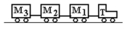 <strong>In the figure,an airport luggage carrying train with a tractor T is pulling three luggage carts,M<sub>1</sub>,M<sub>2</sub>,and M<sub>3</sub>.with constant velocity of 4.5 m/s.If T = 300 kg,M<sub>1</sub> = 200 kg,M<sub>2</sub> = 100 kg,and M<sub>3</sub> = 100 kg (there is no friction),then the force in the connection between the tractor T and cart M<sub>1</sub> is </strong> A) 980 N. B) 560 N. C) 280 N. D) 140 N. E) 0.00 N.