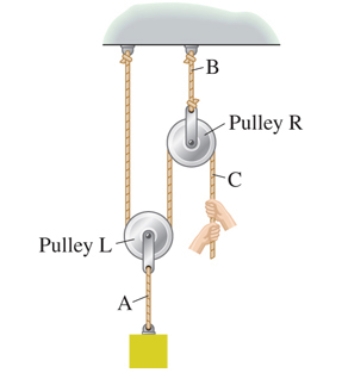 A worker lifts a heavy load using a two-pulley system as in the figure ...