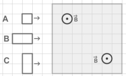 FIGURE 29-7   -Fig. 29-7 shows 3 metallic frames labeled A, B, and C heading towards a region where a uniform magnetic field exists. The frames move with the same constant velocity. Their relative sizes are indicated by the background grid. As they enter the magnetic field the frames will have an induced electric current along their perimeter. For which frame will the current be the greatest? A) A B) B C) C D) The current is the same in all 3 cases. E) There is no induced current when the frames move at constant speed.