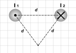 FIGURE 28-6   -Fig. 28-6 shows two long, parallel current-carrying wires. The wires carry equal currents   =   = 20 A in the directions indicated and are located a distance d = 0.5 m apart. Calculate the magnitude and direction of the magnetic field at a point located at an equal distance d from each wire. A) 8μT downward B) 8μT upward C) 4μT downward D) 4μT upward E) 4μT to the right
