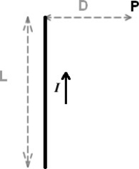 <strong>FIGURE 28-9 Fig. 28-9 shows a segment of wire of length L = 0.5 m, carrying a current I = 20 A. Calculate the magnitude of the magnetic field produced by this wire at a point P located at a distance D = 1.0 m from one of the ends of the wire.</strong> A)0.8 × 10<sup>-7</sup> T B)5.8 × 10<sup>-7</sup> T C)2.1 × 10<sup>-7</sup> T D)6.3 × 10<sup>-7</sup> T E)8.9 × 10<sup>-7</sup> T
