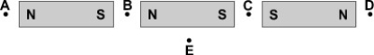 The figure below shows 3 bar magnets of equal sizes and equal strengths. At which of the points labeled A to E is the magnetic field approximately equal to zero? (Points B and C are at equal distances from the magnets.)    A) A B) B C) C D) D E) E