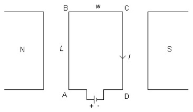 FIGURE 27-6   -A rectangular coil, with corners labeled ABCD, of length L and width w is placed in a magnetic field B as shown in Fig. 27-6. If there is a current I flowing through this coil, what is the force acting on section BC of this coil? A) ILB/2 B) 0 N C) ILB sinθ D) ILB cos θ E) ILB