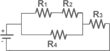 FIGURE 26-3   -In Fig. 26-3 which resistor has the largest value of the electric current? A) R<sub>3</sub> B) R<sub>2</sub> C) R<sub>1</sub> D) R<sub>4</sub> E) All the resistors have the same current.