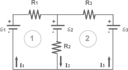 FIGURE 26-8   -For the circuit shown in Fig. 26-8, which equation is correct for loop2 (going clockwise) ? A) E<sub>2</sub> + R<sub>3</sub>I<sub>3</sub> + E<sub>3</sub> - R<sub>2</sub>I<sub>2</sub> = 0 B) E<sub>2</sub> + R<sub>3</sub>I<sub>3</sub> - E<sub>3</sub> + R<sub>2</sub>I<sub>2</sub> = 0 C) E<sub>2</sub> - R<sub>3</sub>I<sub>3</sub> - E<sub>3</sub> - R<sub>2</sub>I<sub>2</sub> = 0 D) E<sub>2</sub> + R<sub>3</sub>I<sub>3</sub> + E<sub>3</sub> + R<sub>2</sub>I<sub>2</sub> = 0 E) -E<sub>2</sub> + R<sub>3</sub>I<sub>3</sub> - E<sub>3</sub> + R<sub>2</sub>I<sub>2</sub> = 0