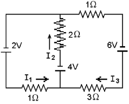 FIGURE 26-10   -Which of the equations here is valid for the circuit shown in Fig. 26-10? A) 2 - I<sub>1</sub> - 2I<sub>2</sub> = 0 B) 2 - 2I<sub>1</sub> - 2I<sub>2</sub> - 4I<sub>3</sub> = 0 C) 4 - I<sub>1</sub> + 4I<sub>3</sub> = 0 D) -2 - I<sub>1</sub> - 2I<sub>2</sub> = 0 E) 6 - I<sub>1</sub> - 2I<sub>2</sub> = 0