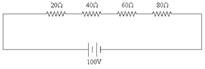 FIGURE 26-16   -A 100 V DC signal is applied to four resistors as shown in Fig. 26-16. The values of the resistors are 20 Ω, 40 Ω, 60 Ω, and 80 Ω. What is the voltage across the 40 Ω resistor? A) 20 V B) 40 V C) 60 V D) 80 V E) 100 V