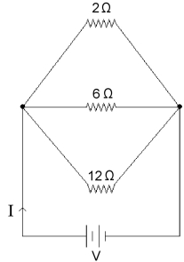 FIGURE 26-19   -Three resistors of values 2 Ω, 6 Ω and 12 Ω are connected across a DC voltage source as shown in Fig. 26-19. If the total current through the circuit is I = 5.0 A, what is the current through the 12 Ω resistor? A) 0.5 A B) 0.6 A C) 0.7 A D) 0.8 A E) 0.9 A