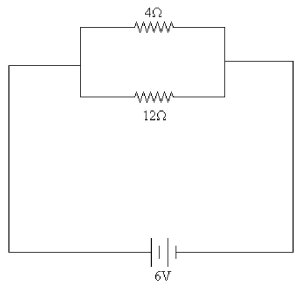 FIGURE 26-21   -A 4-Ω resistor is connected in parallel with a 12-Ω resistor and this combination is connected to a 6-V DC power supply as shown in Fig. 26-21. What is the current through the 12-Ω resistor? A) 1.5 A B) 2.0 A C) 2.5 A D) 3.0 A E) 0.5 A