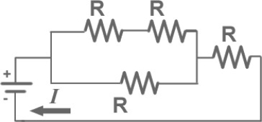 FIGURE 26-25   -Four identical resistors are connected to a battery of voltage V = 10 V as shown in Fig. 26-25. The current I is equal to 0.2 A. What is the value of the resistance R of the resistors? A) 20 Ω B) 40 Ω C) 30 Ω D) 50 Ω E) 10 Ω
