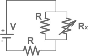 FIGURE 26-26   -In Fig. 26-26 two identical resistors of resistance R = 24Ω, and a variable resistor R<sub>x</sub> are connected to a battery of voltage V as shown. What should be the value of the variable resistance R<sub>x</sub> to make the voltage across the two parallel resistor equal to V/ 5? A) 4 Ω B) 24 Ω C) 8 Ω D) 16 Ω E) 40 Ω