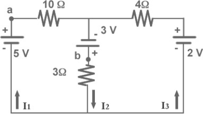 FIGURE 26-30   -In Fig. 26-30 the currents I<sub>1</sub> and I<sub>2</sub> are equal to 0.13 A and 2.22 A respectively. What is the potential difference V<sub>a</sub> - V<sub>b</sub>? A) 0 B) 5.0 V C) -3 V D) 2.4 V E) -1.7 V