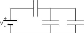 FIGURE 24-1   -Fig. 24-1 shows 3 capacitors, of equal capacitance C, connected to a battery of voltage V. What is the equivalent capacitance of this combination? A) 3C/2 B) C/2 C) 2C/3 D) 3 C E) C/3