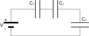 FIGURE 24-2   -Fig. 24-2 shows three capacitors connected to a battery. The capacitances are such that C<sub>1</sub> = 2 C<sub>2</sub> and C<sub>1</sub> = 3C<sub>3</sub>. Which capacitor stores the smallest amount of charge? A) C<sub>2</sub> B) C<sub>3</sub> C) C<sub>1</sub> D) C<sub>2</sub> or C<sub>3</sub> E) All three capacitors store the same amount of charge.
