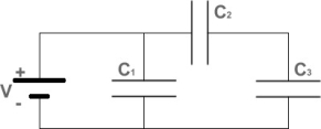 FIGURE 24-3   -Three capacitors C<sub>1</sub>, C<sub>2</sub>, and C<sub>3</sub> are connected to a battery as shown in Fig. 24-3. The three capacitors have equal capacitances. Which capacitor stores the most potential energy? A) C<sub>3</sub> B) C<sub>2</sub> C) C<sub>1</sub> D) C<sub>2</sub> or C<sub>3</sub>. They store the same amount of energy E) All three capacitors store the same amount of energy.