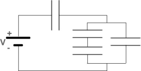 FIGURE 24-7   -What is the equivalent capacitance of the capacitor network shown in Fig. 24-7? (All the capacitors have a capacitance C = 5 μF. The voltage of the battery is V = 6V.)  A) 20 μF B) 3 μF C) 10 μF D) 5 μF E) 1 μF