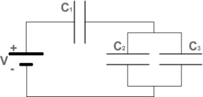 <strong>FIGURE 24-9 In Fig. 24-9, three capacitors with capacitances C<sub>1</sub> = 4 μF, C<sub>2</sub> = 3μF, and C<sub>3</sub> = 2 μF, are connected to a battery of voltage V = 12 V. What is the charge on capacitor C<sub>2</sub> ?</strong> A)16 μC B)32 μC C)2μC D)8 μC E)4 μC