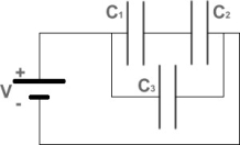 FIGURE 24-10   -Fig. 24-10 shows three capacitors connected to a battery of voltage V = 6 V. The charges on the capacitors are known to be Q = 24 μC for C<sub>1</sub> and C<sub>2</sub>, and Q<sub>3</sub> = 96 μC for C<sub>3</sub>. What are the values of the capacitances C<sub>1</sub>, C<sub>2</sub>, and C<sub>3</sub>? A) C<sub>1</sub> = 8 μF, C<sub>2</sub> = 16 μF, C<sub>3</sub> = 24 μF B) C<sub>1</sub> = 6 μF, C<sub>2</sub> = 12 μF, C<sub>3</sub> = 16 μF C) C<sub>1</sub> = 10 μF, C<sub>2</sub> = 20 μF, C<sub>3</sub> = 30 μF D) C<sub>1</sub> = 21 μF, C<sub>2</sub> = 7 μF, C<sub>3</sub> = 3 μF E) C<sub>1</sub> = 5 μF, C<sub>2</sub> = 14 μF, C<sub>3</sub> = 18 μF