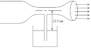 FIGURE 13-8   -A paint sprayer pumps air through a constriction in a 2.50-cm diameter pipe, as shown in Fig. 13-8. The flow causes the pressure in the constricted area to drop and paint rises up the feed tube and enters the air stream. The air stream in the 2.50-cm diameter sections is 5.00 m/s. The density of the air is 1/29 kg/m<sup>3</sup>, and the density of the paint is 1200 kg/m<sup>3</sup>. What is the maximum diameter of the constriction that will allow the sprayer to operate? A) 8.09 mm B) 4.05 mm C) 12.2 mm D) 9.65 mm E) 14.3 mm