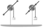 FIGURE 10-1   -The rotating systems shown in Fig. 10-1 differ only in that the two identical movable masses are positioned a distance r from the axis of rotation (left) , or a distance r/2 from the axis of rotation (right) . If you release the hanging blocks simultaneously from rest, and call t<sub>L</sub> the time taken by the block on the left and t<sub>R</sub> the time taken by the block on the right to reach the bottom, respectively, then A) t<sub>L</sub> =   t<sub>R</sub>. B) t<sub>L</sub> = t<sub>R</sub>. C) t<sub>L</sub> =   t<sub>R</sub>. D) t<sub>L</sub> = 2 t<sub>R</sub>. E) t<sub>L</sub> = 4 t<sub>R</sub>.