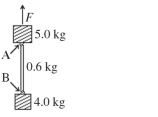 A 5.0-kg block and a 4.0-kg block are connected by a 0.6 kg rod, as shown in the figure. The links between the blocks and the rod are denoted by A and B. A vertical upward force of magnitude F of magnitude 150 N is applied to the upper block. What magnitude force does each of the links A and B exert?  