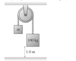 The figure shows a 100-kg block being released from rest from a height of 1.0 m. It then takes 0.53 s for it to reach the floor. What is the mass m of the block on the left? There is no friction or mass in The pulley, and the connecting rope is very light.   A)  13 kg B)  16 kg C)  14 kg D)  11 kg