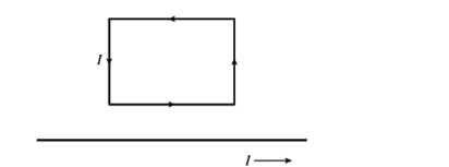 A long straight wire has a constant current flowing to the right. A rectangular metal loop is situated above the wire, and also has a constant current flowing through it, as shown in the figure. Which one of the following statements is true?   A)  The net magnetic force on the rectangle is downward, and the net torque on it is zero. B)  The net magnetic force on the rectangle is zero, and the net torque on it is zero. C)  The net magnetic force on the rectangle is downward, and there is also a nonzero torque on the rectangle. D)  The net magnetic force on the rectangle is zero, but there is a nonzero torque on the rectangle. E)  The net magnetic force on the rectangle is upward, and there is also a nonzero torque on the rectangle.
