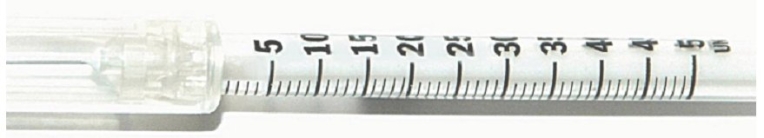 Order: Humulin R Regular U-100 insulin 36 units subcut.AC breakfast.Indicate on the syringe the dose to be administered.   Standard Text: Click on the correct area on the image.