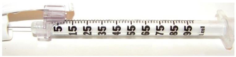 Order: Humulin L U-100 insulin 67 units subcut.stat.Indicate on the syringe the dose to be administered.   Standard Text: Click on the correct area on the image.